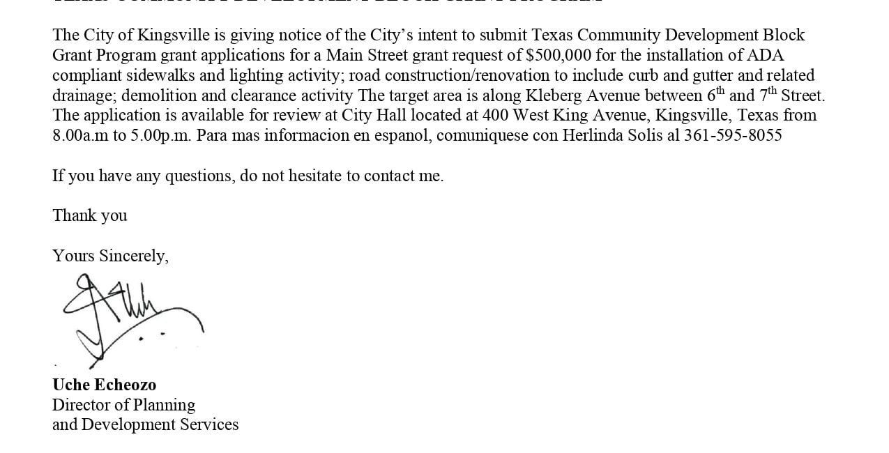 PUBLIC NOTICE CITY OF KINGSVILLE (KLEBERG COUNTY) TEXAS COMMUNITY DEVELOPMENT BLOCK GRANT PROGRAM