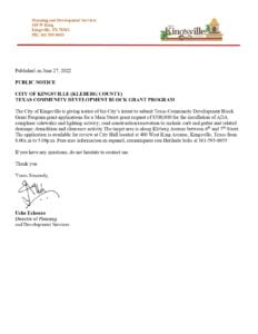 PUBLIC NOTICE CITY OF KINGSVILLE (KLEBERG COUNTY) TEXAS COMMUNITY DEVELOPMENT BLOCK GRANT PROGRAM