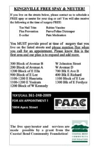 PAAC Flyer for kingsville free spay and neuter