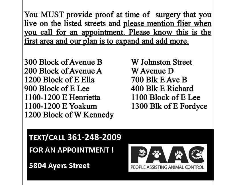 PAAC Flyer for kingsville free spay and neuter