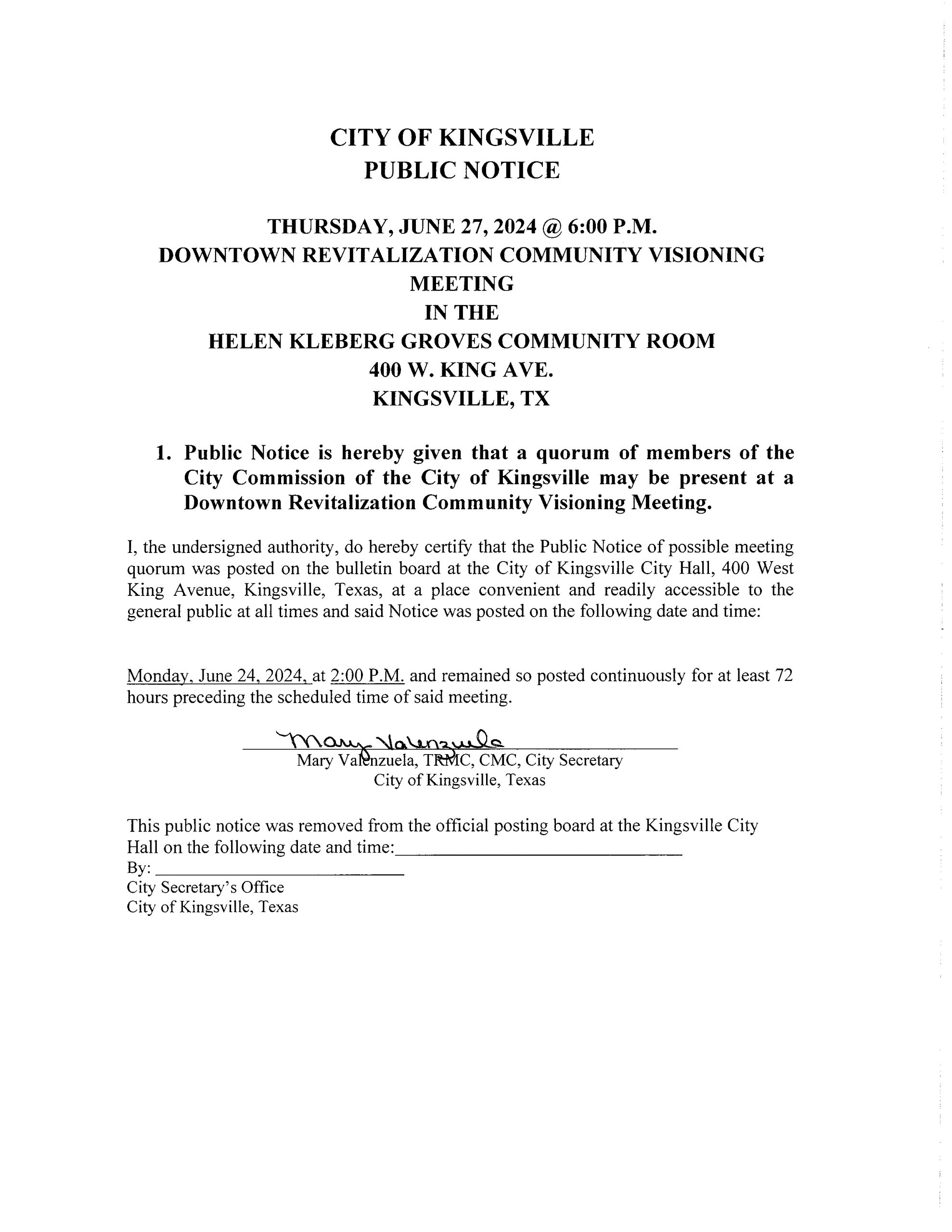 PUBLIC NOTICE Thursday, June 27, 2024 600 PM Downtown